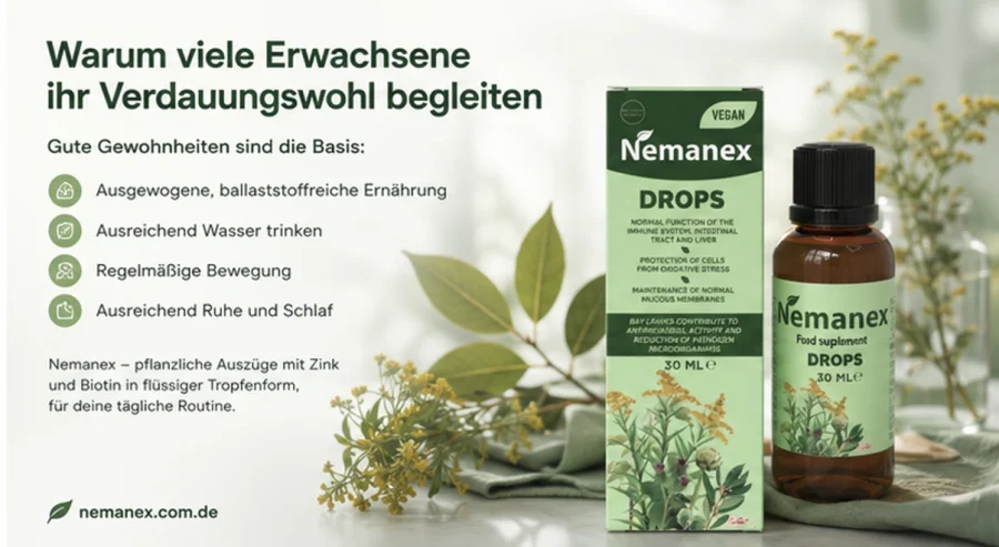 Nemanex — Tropfen-Nahrungsergänzungsmittel für das Verdauungswohl von Erwachsenen